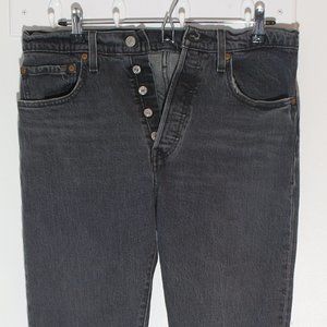 Levis 501 Skinny High Rise Jeans 30x28 Gray, Button Fly, Distressed Hem.